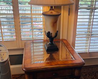 Schnadig wooden side table with sunburst top pattern