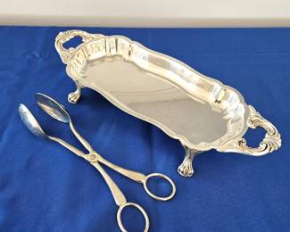 Beautiful Silver Plated Footed Serving Dish by F.B. Rogers Silver Co. Plus Serving Tongs