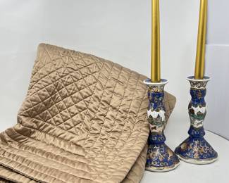 Elegant Home Decor Lot - Quilted Throw Blanket and Ornate Candlestick Holders with Candles