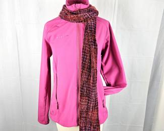 Mammut Women's Ski Jacket in Bright Pink With Fun Multi-Colored Woven Scarf
