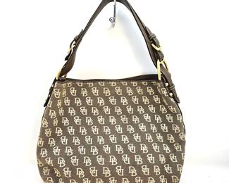 Vintage Dooney and Bourke Brown Canvas & Leather Monogrammed Shoulder Bag - Cream on Light Brown