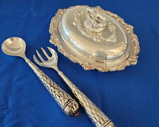 Lovely Ornate Silver Plated Covered Oval Casserole / Serving Dish Plus Salad Servers - Spoon and Fork