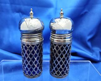  Vintage Godinger Cobalt Blue Glass Salt & Pepper Shakers Covered in Ornate Silver Plated Casing