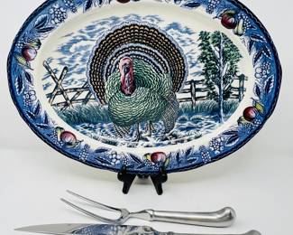 Thanksgiving Turkey Platter Set with Stainless Steel Carving Knife and Fork
