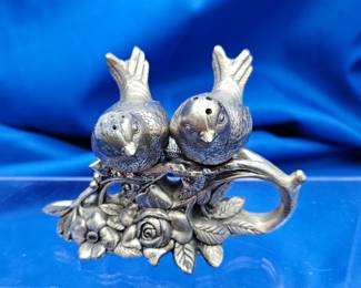 Whimsical Silver Plated Salt and Pepper Service - Birds on a Bed of Flowers