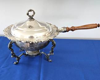 Antique Heavy Weight Silver Chafing Dish with Lid, Water Reservoir, Stand, and Fuel Pot - 12" Diameter