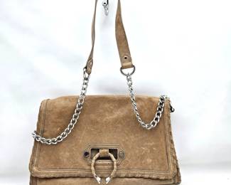 Nanette Lepore Tan Leather Shoulder Bag w/ Chain link Strap and Unique Horseshoe Shaped Closure