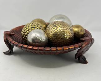 Decorative Metallic Spheres with Textured Finish in a Rustic Wooden Bowl Centerpiece