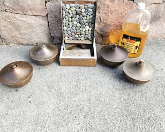 Set of Four Tabletop Tiki Torches for Bugs Plus additional Fluid, Plus Small Table Top Fountain