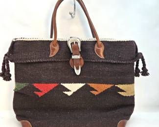  "Two Bar West" Beautiful Navajo Blanket Inspired Wool Tote / Handbag with Leather Accents - Brown Nylon Lining