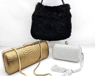 Set of Three Cocktail Purses - Two Cocktail Clutches and a Fun Faux Fur Black Handbag