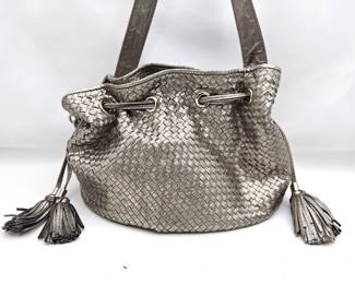 Elliott Lucca Silver/Grey Metallic Woven Leather Shoulder Bag w/ Drawstring Closure