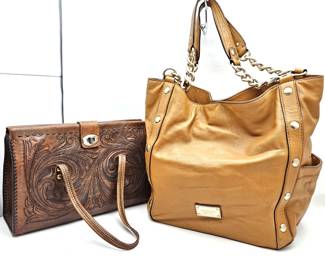 Tan Leather Purse Lot - One Carved Leather Handbag and Tan Michael Kors Leather Shoulder Bag