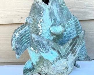 Solid Bronze Asian Dancing Koi Fish Piped Statue Fountain Pond Water Feature (11" Tall) with Natural Patina