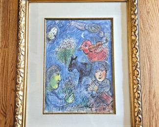  Framed Marc Chagall Offset Lithograph Print -Colorful Expressionist Piece with Hand-Finished Gold Leaf Frame 