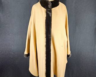 Talbots Wool Cashmere Cape/ Coat Women's Camel Tan with Black Faux Fur Trim - Italian Fabric