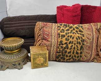 Home Decor Variety Lot - Decorative Pillows, Towels, Ornate Pedestal Bowl & Exotic Trinket Box