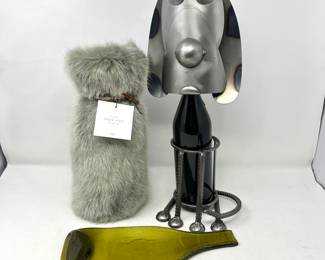  Eclectic Home Decor Bundle - Metal Dog Sculpture, RH Faux Fur Wine Bag, Glass Bottle/Cheese Tray