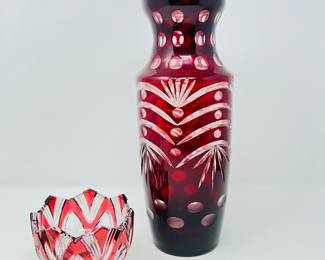 Stunning Vintage Cut to Glass Ruby Red Vase and Cut to Crystal Red Bowl