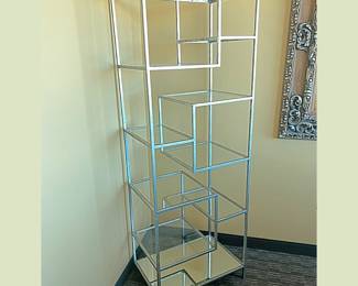 Modern Glass Etagere Bookcase in Champagne Gold Finish and Mirrored Details