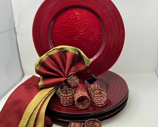 Festive Red Glass Chargers, Decorative Napkins & Beaded Napkin Rings