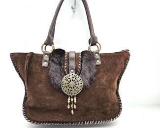 Nicole Lee Boho Suede, Leather, and Fur Shoulder bag w/ Magnetic Closure Under Medallion & Beading
