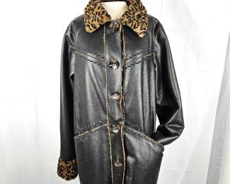Dennis Basso Faux Leather Black Coat with Animal Fur Lining - Woman's Size Large