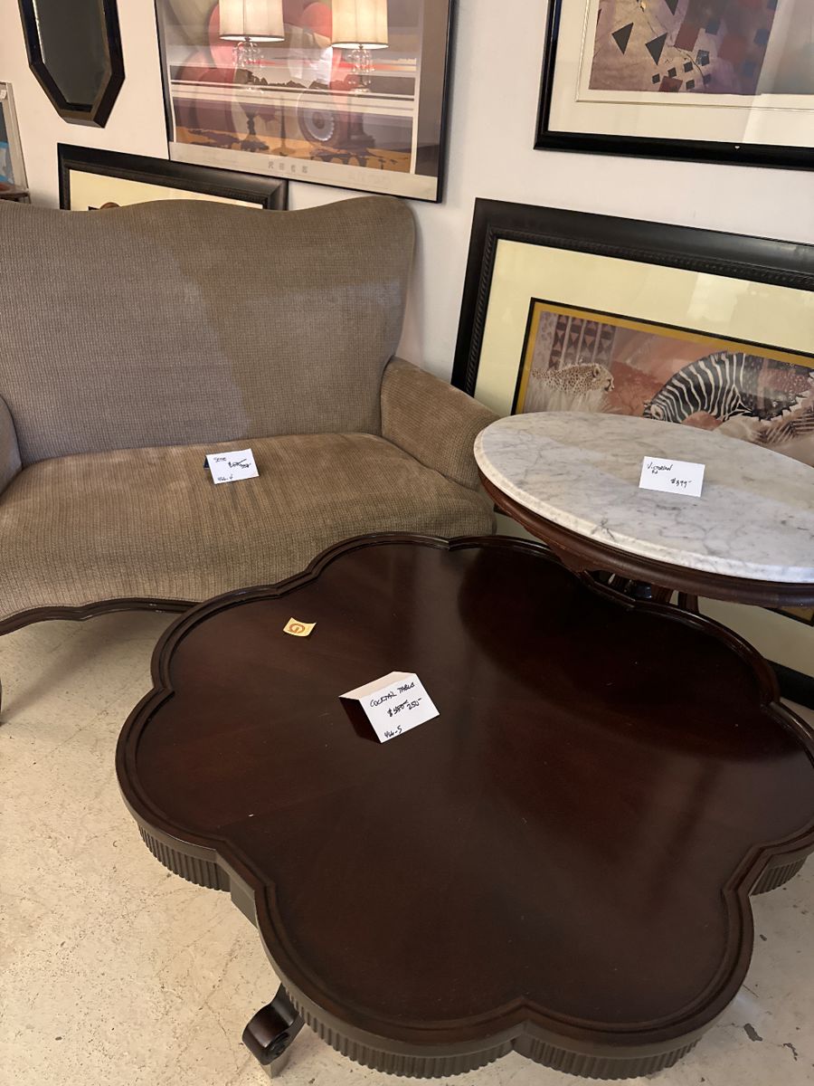 Mushroom tone chenille Settee, Clover Table, Victorian Rosewood Table w/ White Marble & ART 