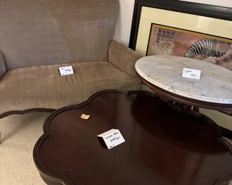 Mushroom tone chenille Settee, Clover Table, Victorian Rosewood Table w/ White Marble & ART 