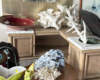 Vintage L Corner Shape with Planters Console - Coral, Mirrors, Ceramic Candle Stick Bowl Set 