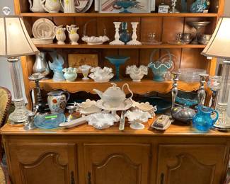 Baker 2 piece Buffet loaded with Milk Glass & Blue Fenton Glass 
