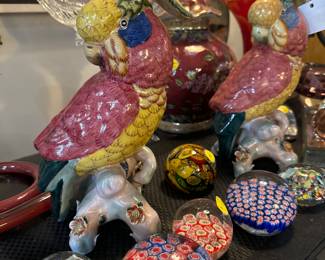 Pair of Majolica Parrots, Paper Weights, Vases 