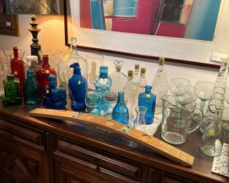 Brazilian Buffet with Vintage Glass Bottles & Art 