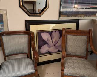 2 Victorian Oak Chairs, Mirror & Art 