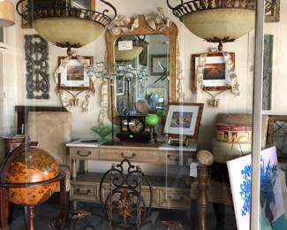 Lots of Lighting to Choose From - World Globe Bar - Console Table with Planters, Mirrors & Art 