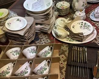 American Pottery Purple Violet Dishes & Antique Floral Meissen China - Lenox service of 8 Gold Tone Flatware 