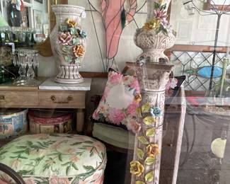 Capodimonte Italy Floral Pedestal & Vases, Floral Crewel Fabric Ottoman, Stain Glass Woman 