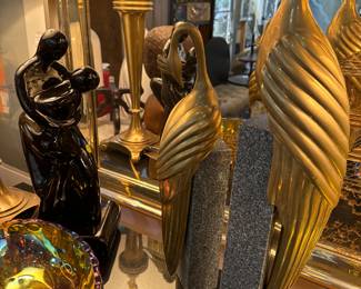 Haeger Pottery Black Gloss Tango Couple, Dobli Cashier Vintage Brass Peacocks on Granite, Carnival Glass Amber Bowls 