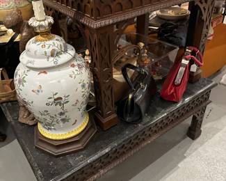 Cocktail & Side Table - Mahogany Chinese Chippendale with Green Marble Tessellated Mosiac Tile Tops    - Pair of Lamps and Vintage Purses 