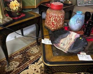 Oriental Henredon Cocktail and matching End Tables, on Rug, with other Asian Accents - 4 Gold tone skirted fabric armless dining chairs 