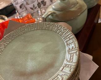 MCM American Frankoma Pottery Celadon Plates, Tea Pot & Casserole 