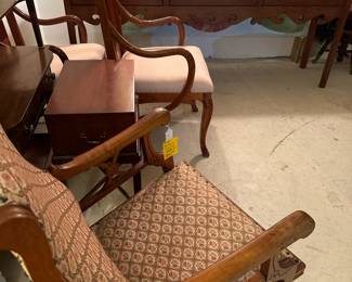 Antique Rocker with Box on Stand Table - 2 Rosewood Chairs that match a Dining Table not Shown & Write Table Company: Georges III Style Wood Table Buffet in back Ground 