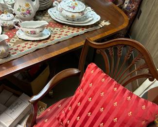 Baker Table, Double Pedestal & 3 Leaves  & 8 Chairs with Wheat Pattern on Back 