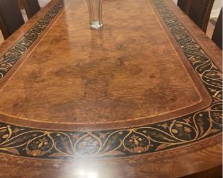 Francesco Molon Italian Dining Table 115" X 54" Solid with Marquetry Inlaid Woods, Double Pedestal - 10 Silk Fabric  Chairs & China Cabinet 