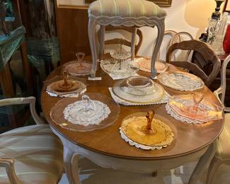 Country French 2 Tone Dining Table with Chairs & Vintage Glass Dessert Trays 