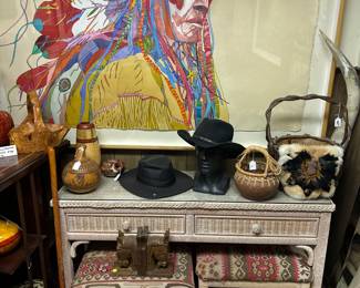 Sari Staggs Chief Watercolor 40" X 60" Signed, Wicker & Wood Console Table with Matching Ottomans Wood Bowls & Mahogany Swivel Book Case to Left 
