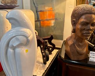 Haeger Ceramic Couple Embracing Sculpture, Carved Wood African Woman Bust  - Signed Modern Art 