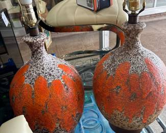 MCM Pair of Ceramic Volcano Finish Painted Lamps with Cream Shades  