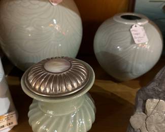 Hand Turned American Celadon Vases & Maitland Smith Porcelain Celadon Vase w/ Silver Metal & Mother of Pearl Top 