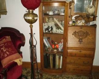 Secretary desk. Rare floor oil lamp. 